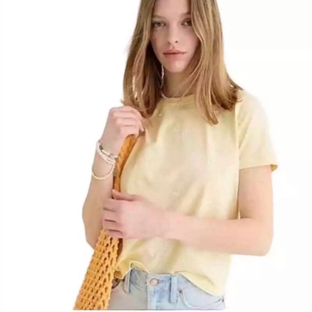 J. Crew Light Yellow Short Sleeve Cotton Allover Peace Sign T-shirt